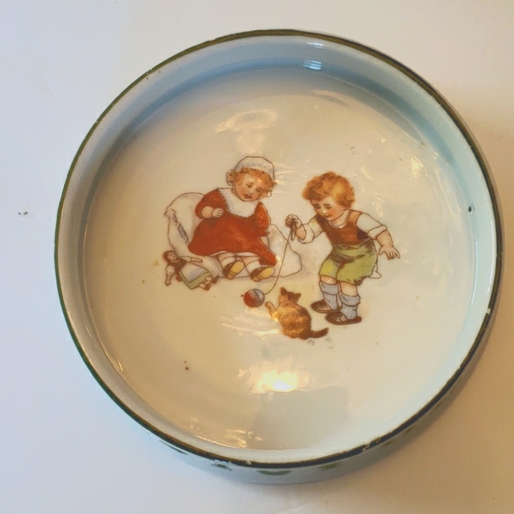 Antique German  Child's Feeding Bowl with children and kitten 1920s